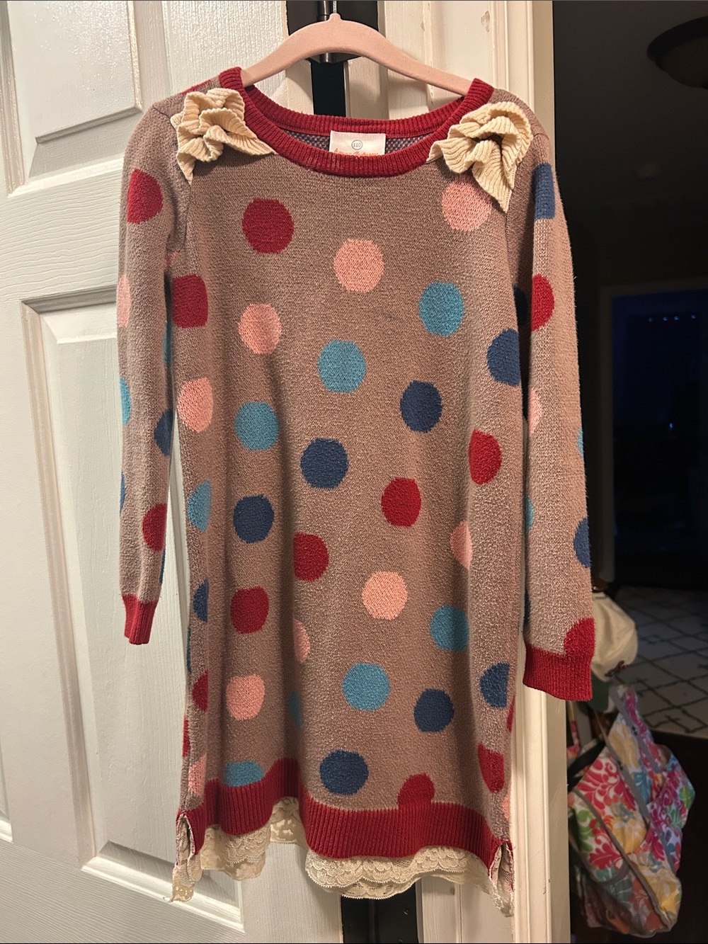 Hanna Anderson Polka Dot Long Sleeve Knit Dress with Lace Trim